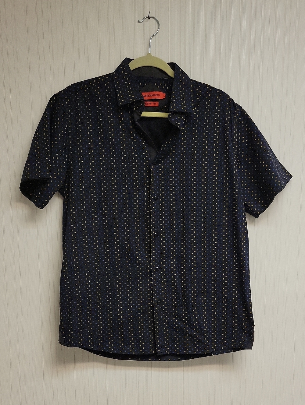 American Breed Modern Fit Navy Short-Sleeve Dot-Print Men's Shirt Large